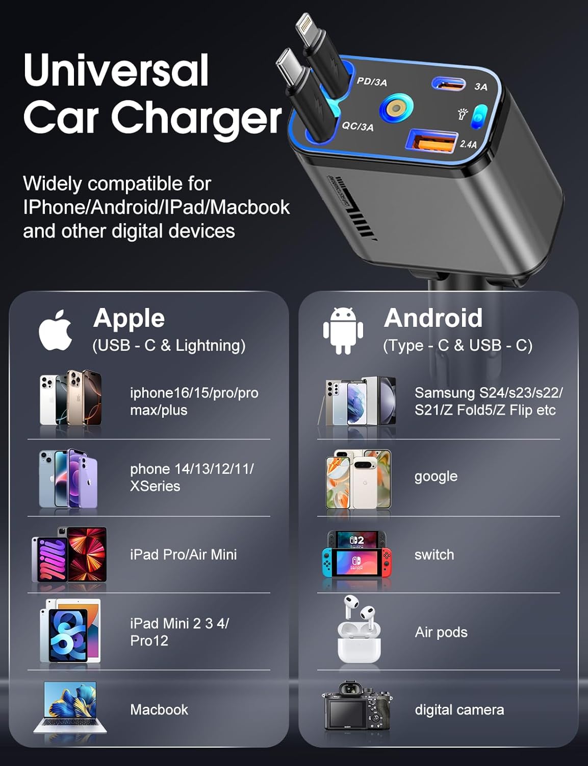 Retractable Car Charger 120W Fast Charging with Starlight,4 in 1 Universal Car Phone Charger,Built-in Type-C & Applehead Cable,Car Road Trip Retractable Accessory for iPhone,IPad,Samsung Galaxy,Pixel