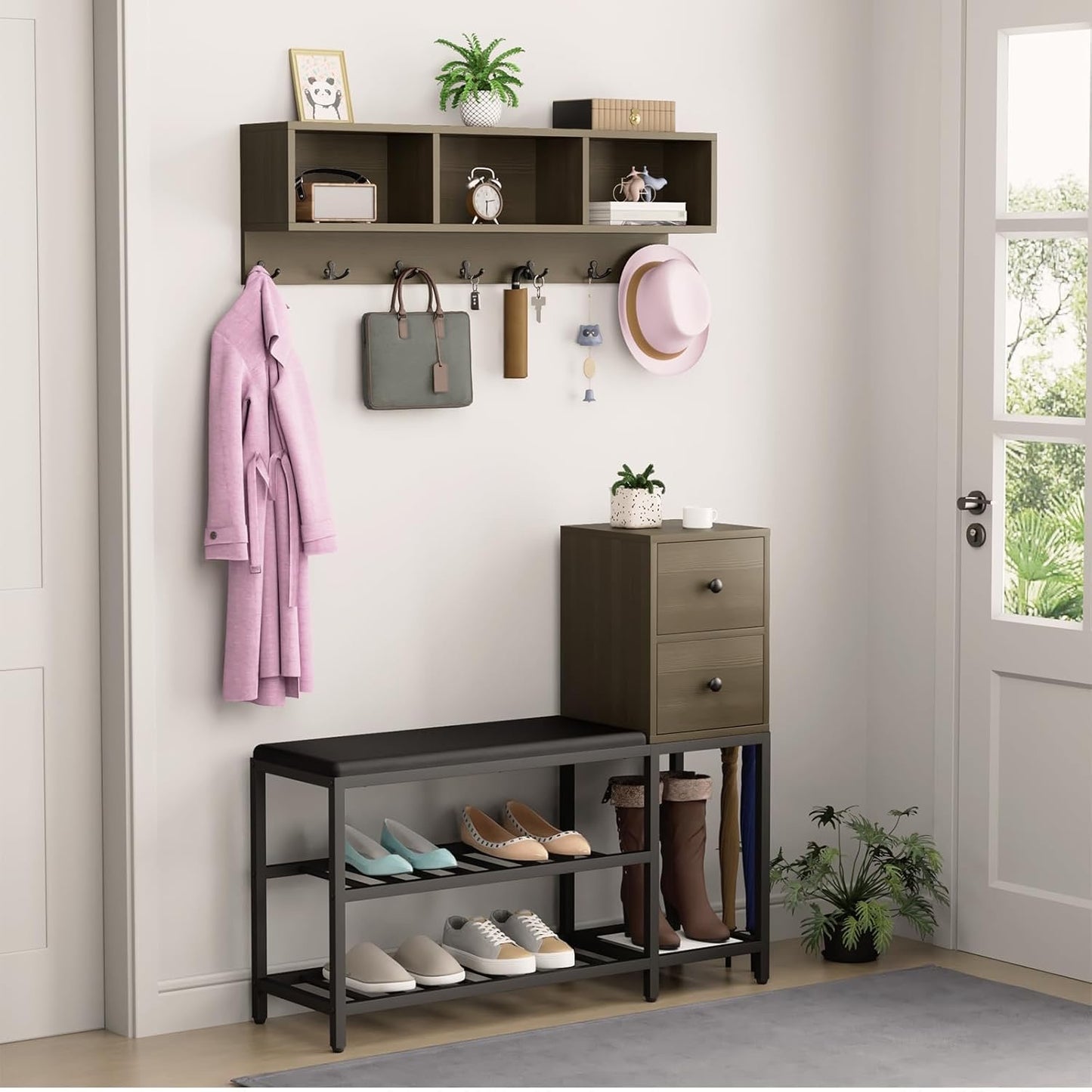 39" Entryway Coat Rack Shoe Bench with 2 Drawers and 3 Cubbies, 7-in-1 Entryway Bench Hall Tree with Bench and Shoe Storage, Coat Rack with 7 Coat Hooks & 2 Umbrella Stands(Wood)