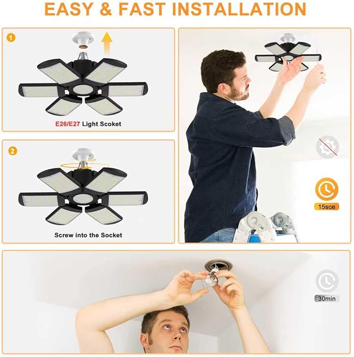 LED Garage Lights Bulb 200W 15000LM 6500K Led Shop Light with 6 Plus 1 Deformable Panels Basement Barn Ceiling Lights for E26/E27