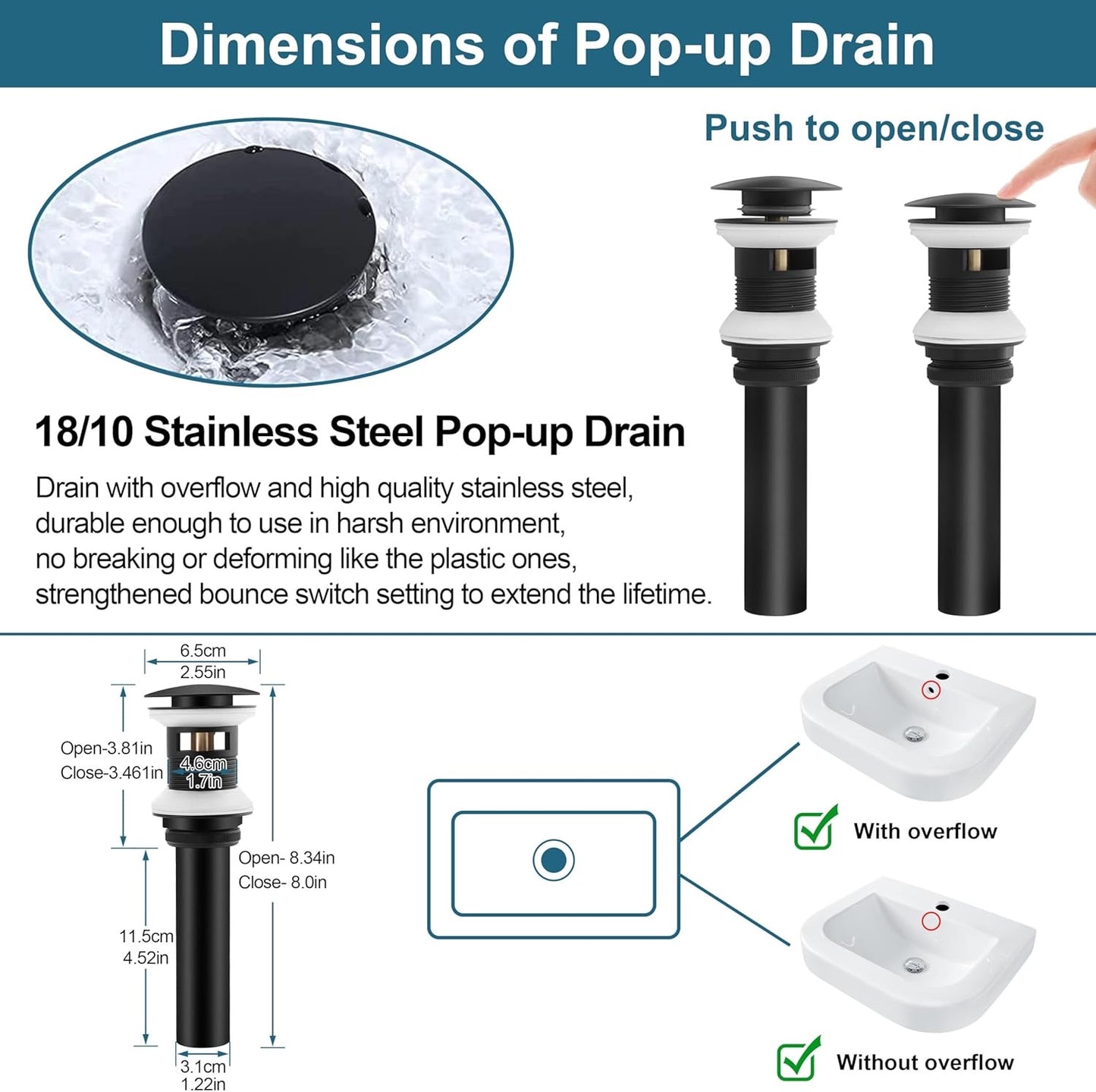 Touchless Bathroom Sink Faucet with Pop Up Drain & Deck Plate, Stainless Steel Automatic Motion Sensor Bathroom Faucets, Sensor Vanity RV Lavatory Faucet with Single Handle, Matte Black