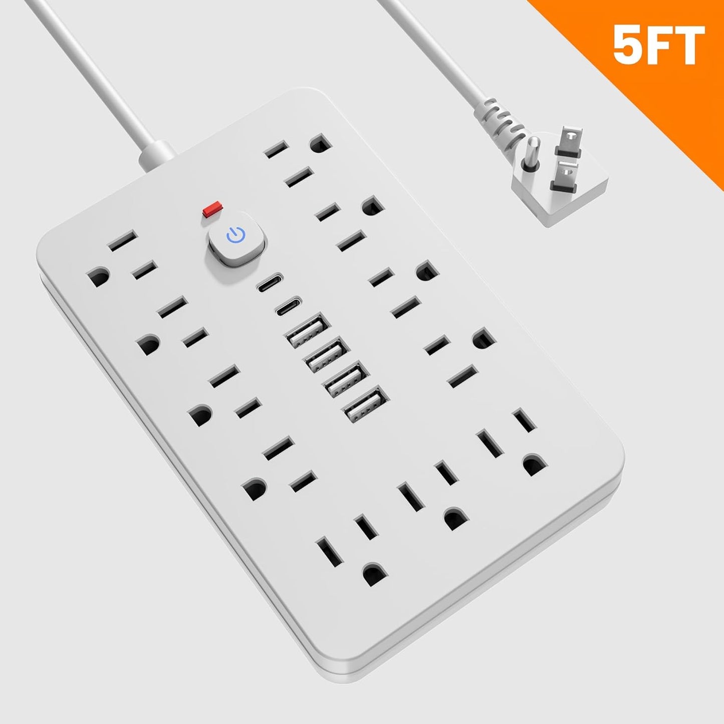 10 FT Flat Plug Surge Protector Power Strip,11 Multiple AC Outlets with 6 USB Ports (2 USB C), 10 Feet Extension Cord, 1250W/10A, One Touch Switch Button, White
