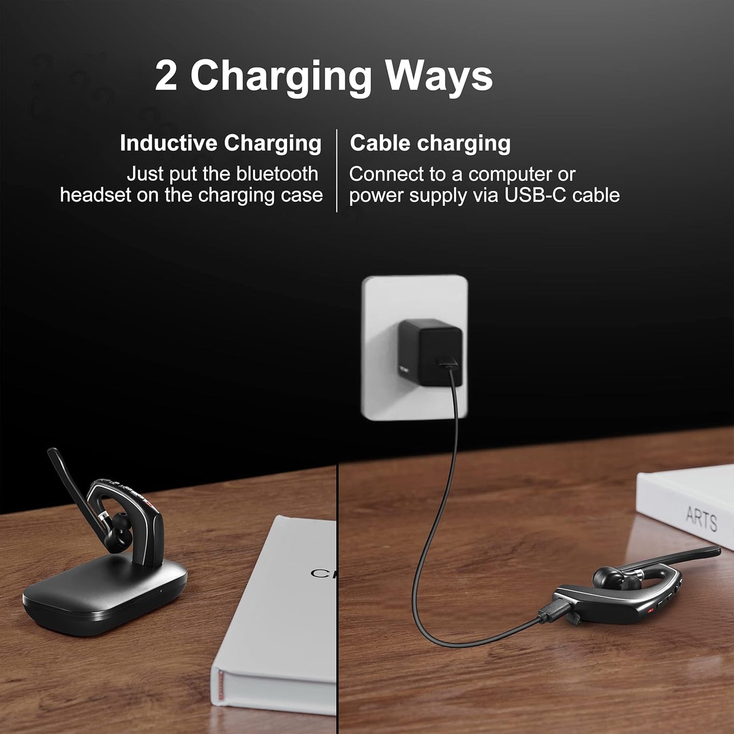 Bluetooth Headset V5.1, Wireless Headset with 500mAh Charging Case, Noise Canceling Mic for Driving and Office. (USB-A Adapter Included)