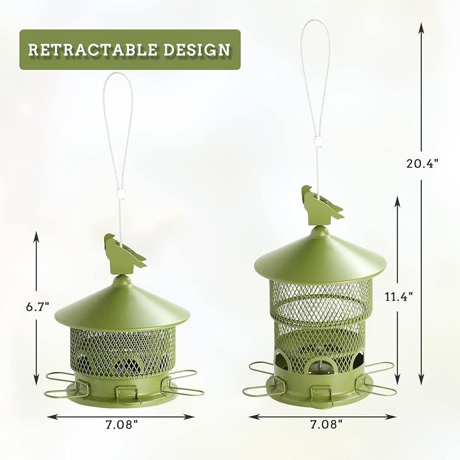 Wild Bird feeders Squirrel Proof for Outside,Metal Bird feeders for Outdoors Hanging, Retractable and Large 4 lbs Seed Capacity with 6 fold-Out Perches,Easy to Fill and Clean