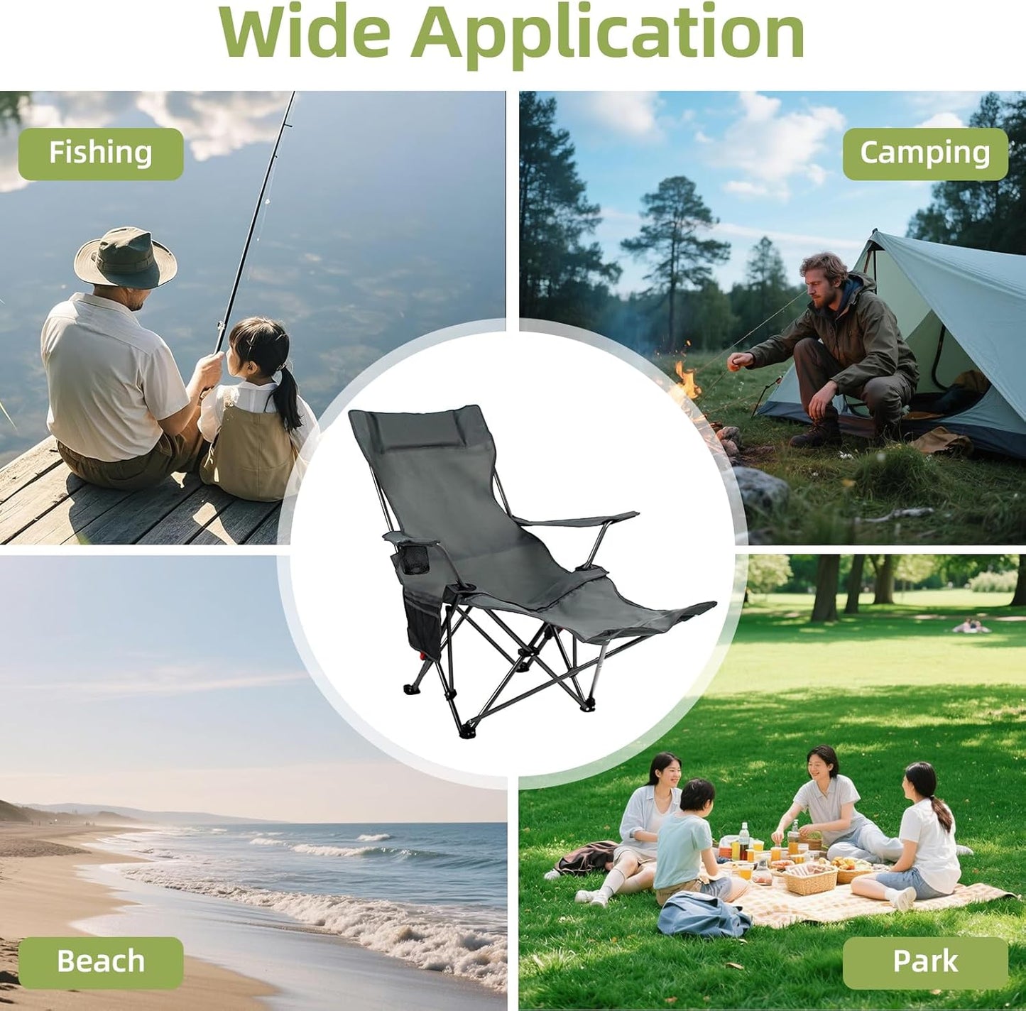 Reclining Camping Chairs for Adults, Recliner Chair with Removable Footrest & Cup Holder, Folding Chairs for Outside W/Adjustable Backrest & Storage Bag for Fishing, Beach, Lawn