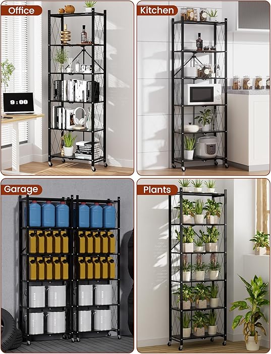 Folding Bookshelf, 6 Tier Metal Bookcase and Bookshelves, Tall Shelves for Living Room Office Bedroom, Heavy Duty Book Shelve Free Standing Open