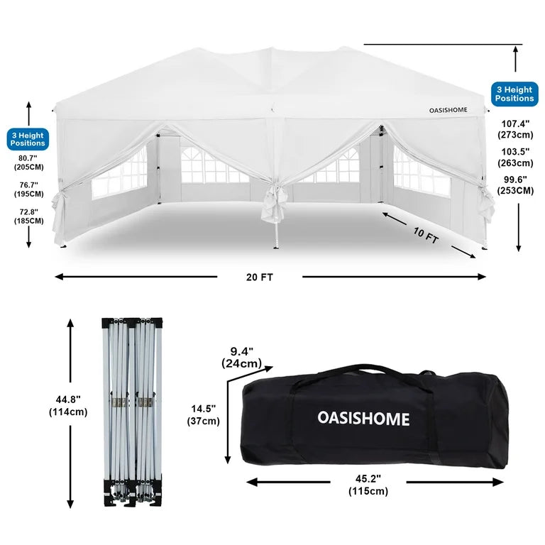 OASISHOME 10'x20' White Pop-Up Canopy Gazebo Tent, with 6 Removable Sidewalls, Windows, Carrying Bag - for Patio/Outdoor/Wedding Events