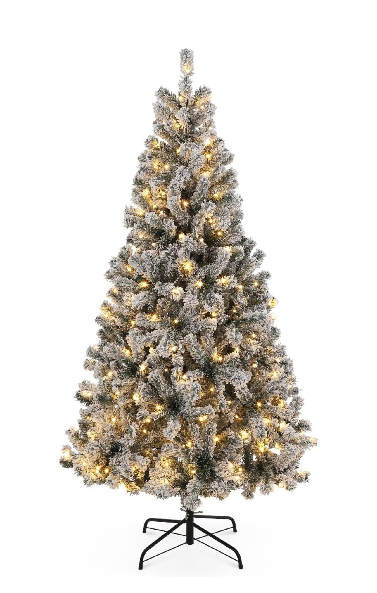 Christmas Tree with Warm White Lights, 6FT Tall Lighted Xmas Tree with Foldable Metal Stand, Large Snow Flocked Xmas Tree for Office, Home, Holiday Party, Christmas Decor