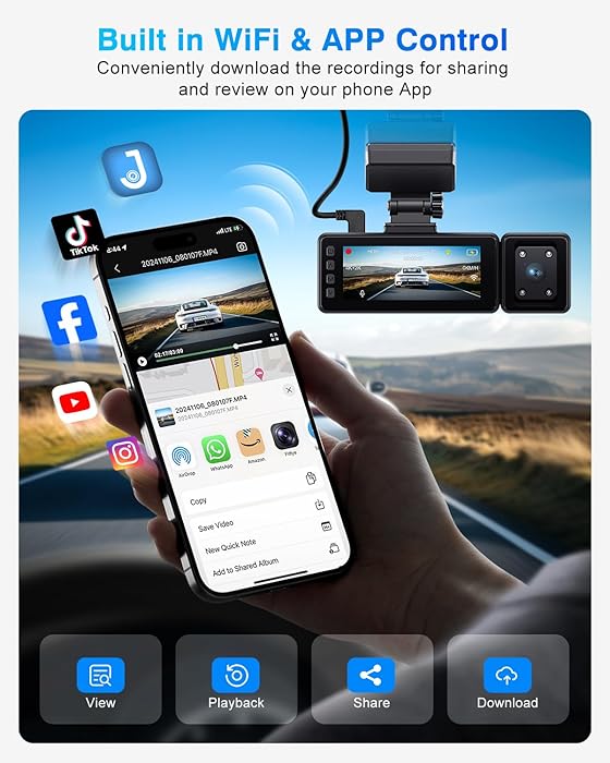 Dash Cam Front and Rear, 3 Channel Dash Camera with IMX335 Night Vision, WiFi GPS, Voice Control, 2K+1080P+1080P Dash Camera for Cars (64GB Card Included) Black