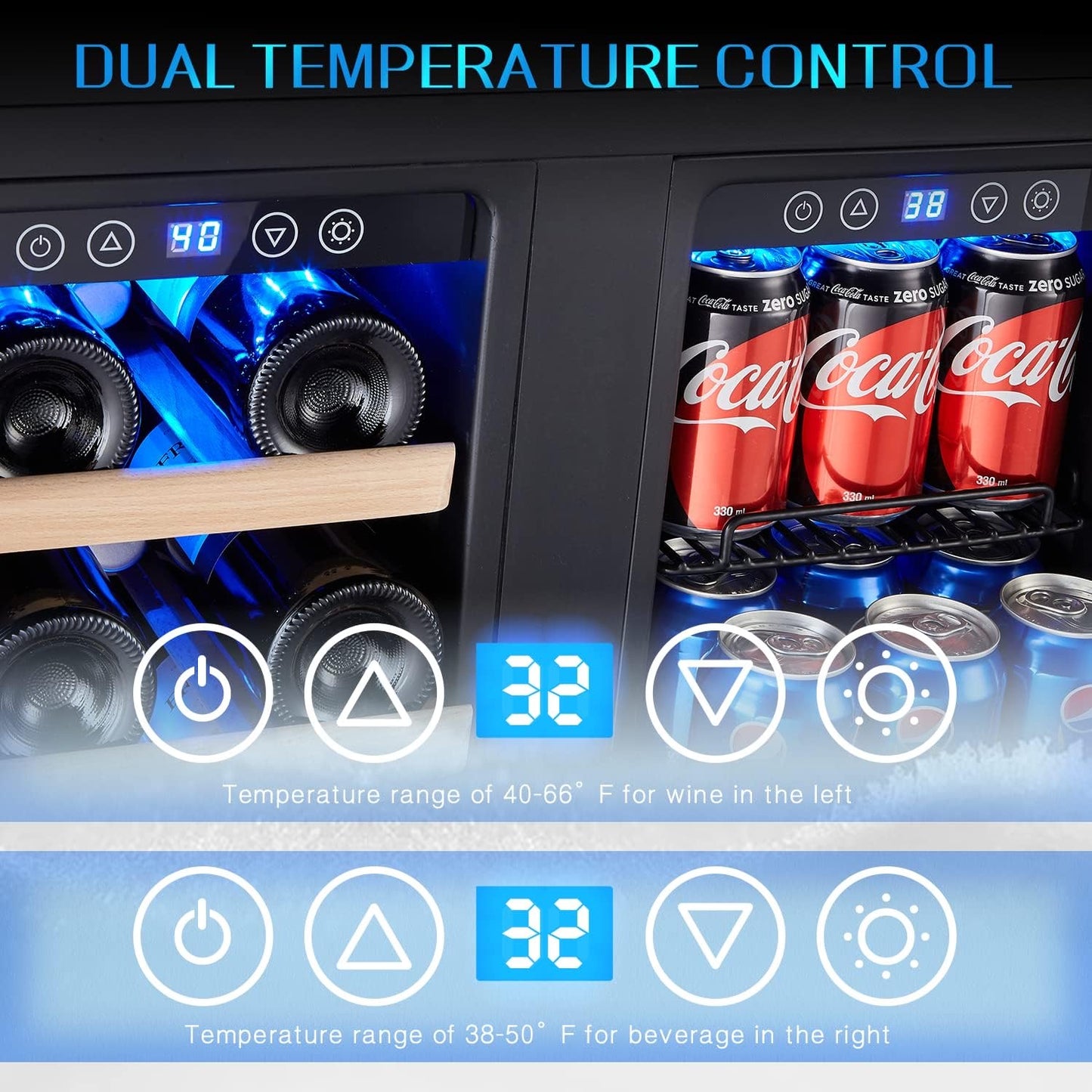 24 Inch Wine and Beverage Fridge, Wine Refrigerator Dual Zone Hold 20 Bottles and 78 Cans,Built-In or Freestanding Digital Touch Control