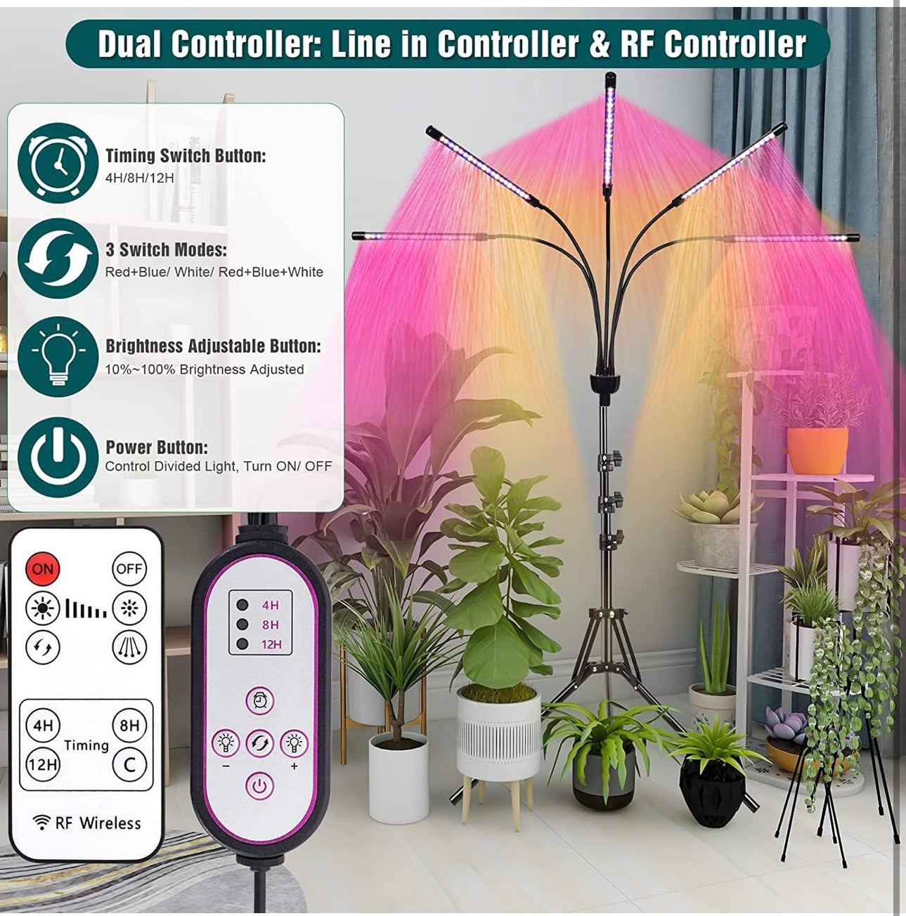 KEELIXIN 5-Head Adjustable LED Plant Lights, Full Spectrum Lamp with Timer for Indoor Plants, Warm White Grow Light for Various Plants