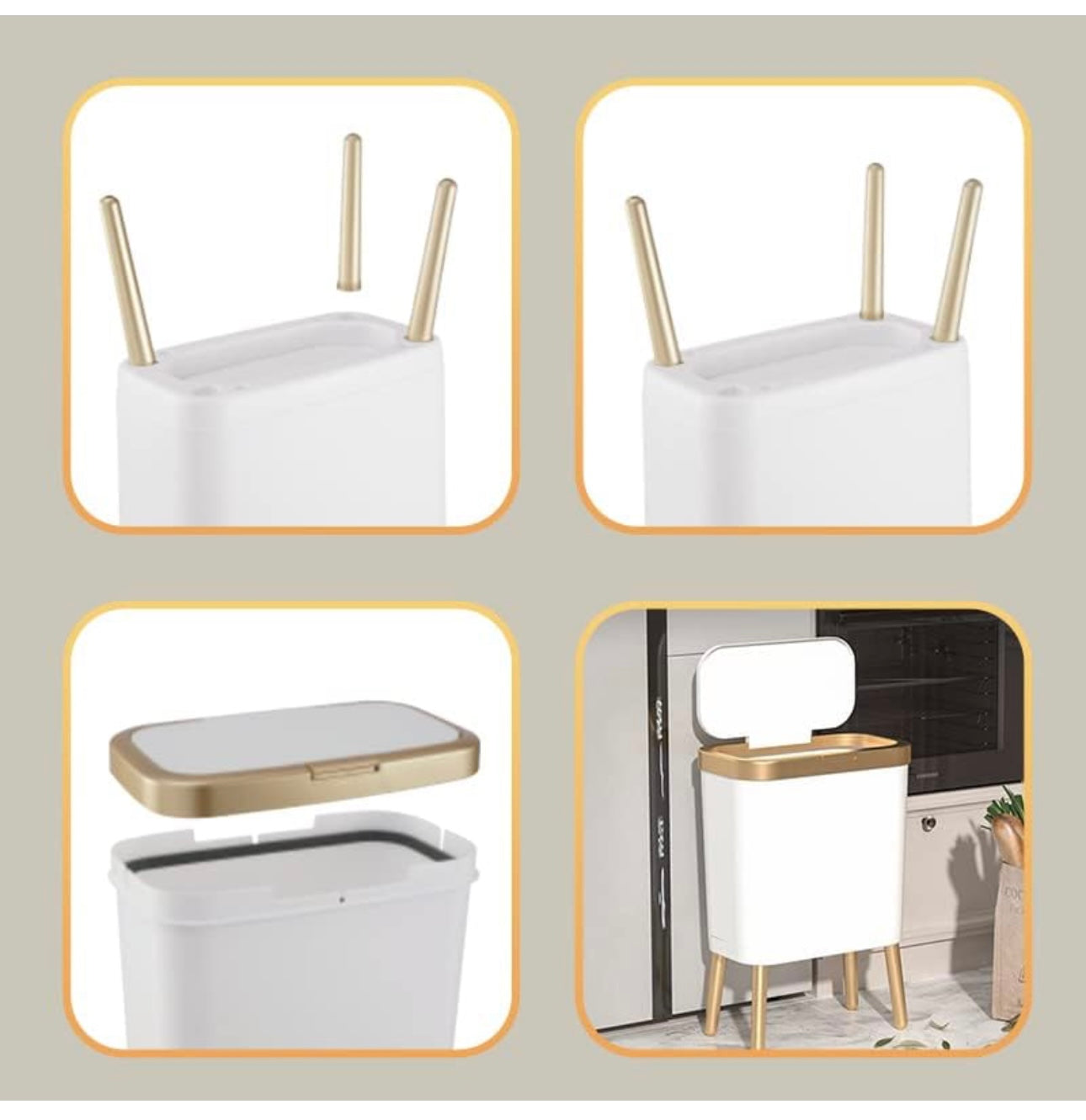 Bathroom Trash Can with Lid, Plastic Garbage Can with Lid, 4 Gal Gold Trash Bin with Push Button, Narrow White Trash Can Waste Basket for Bedroom, Living Room,Office,Dog Proof Trash Can