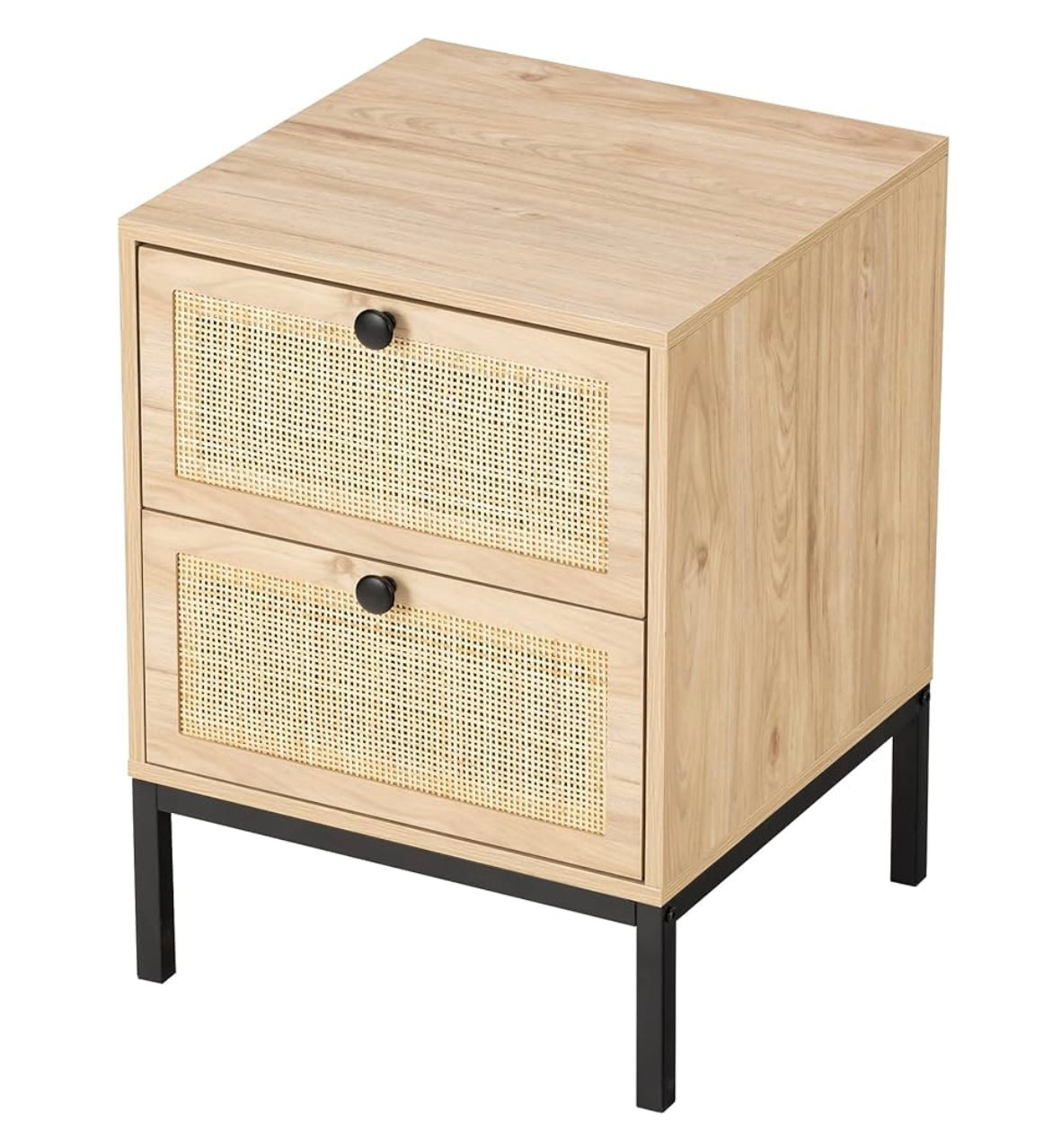 Rattan Nightstand Set of 2, Boho Bedside Table with Natural Rattan Decorated Drawers, Farmhouse Night Stand for Bedroom Living Room, Natural, Metal Legs
