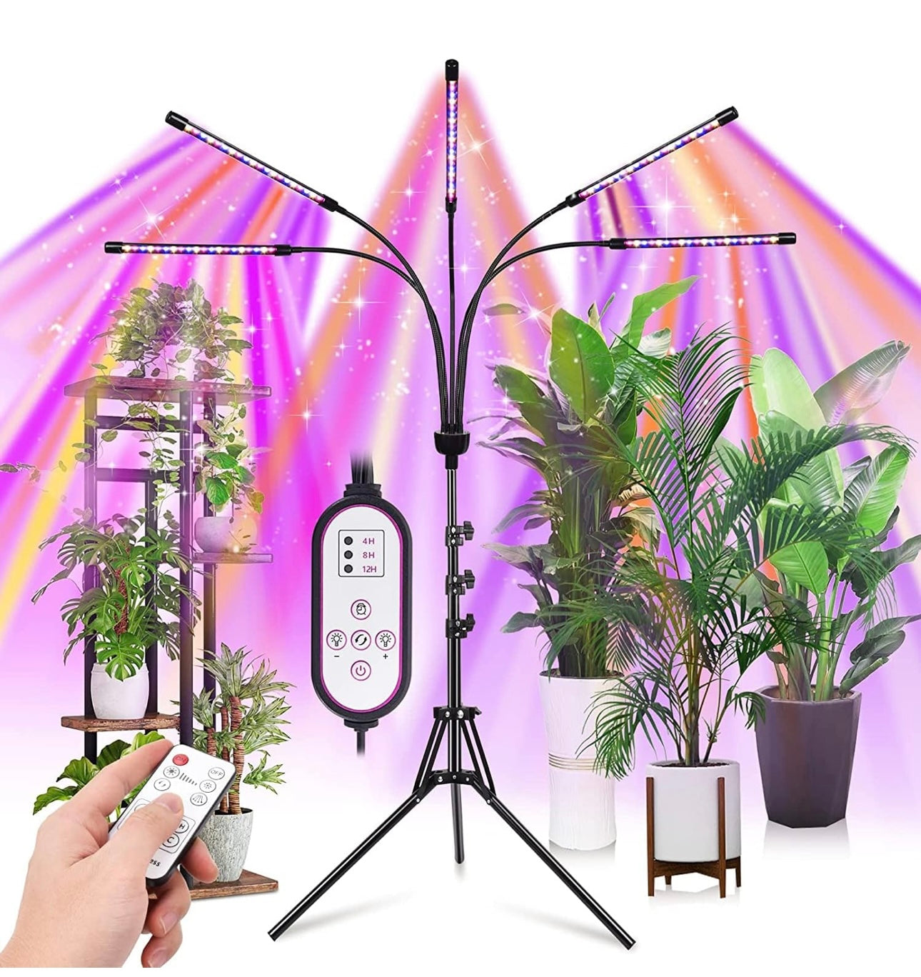KEELIXIN 5-Head Adjustable LED Plant Lights, Full Spectrum Lamp with Timer for Indoor Plants, Warm White Grow Light for Various Plants