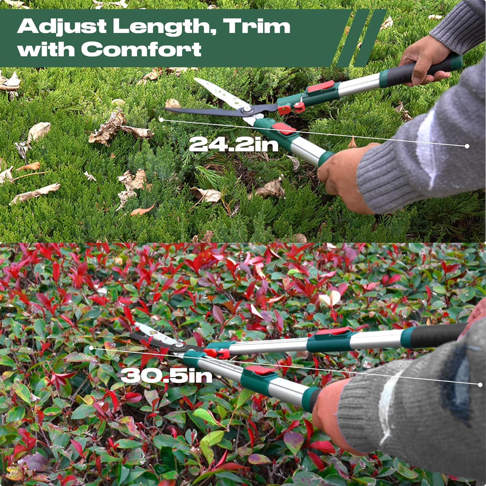 GARTOL Extendable Hedge Shears - 24 to 30 Inch Telescopic Garden Clippers with 8” Wavy SK5 High Carbon Steel Blade, Heavy Duty Manual Shrub Trimmer & Bush Shears for Boxwood, Yews & Decorative Hedges