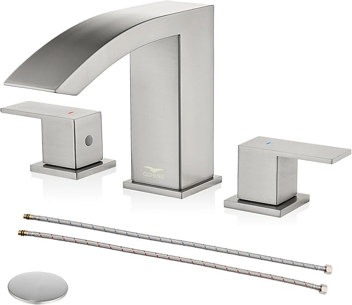 Brushed Nickel Waterfall Bathroom Faucet, 8 Inch 3 Hole Widespread Bathroom Faucet with Pop Up Drain and Hose, Two Handles for Basin Lavatory Vanity