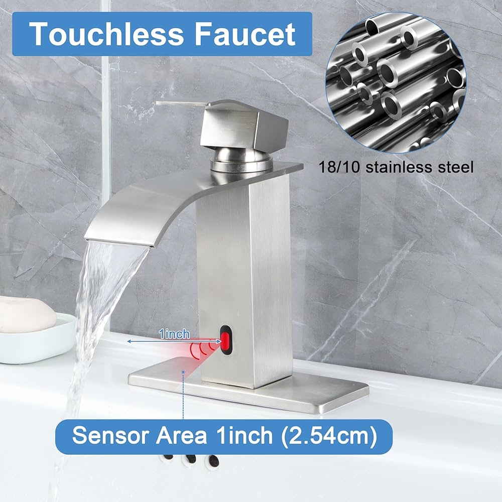 Homikit Touchless Bathroom Faucet with Pop Up Drain, Automatic Sensor Brushed Nickel Sink Faucet, Waterfall Bathroom Faucets for Sink 1 or 3 Hole, 18/10 Stainless Steel Bath Vanity Farmhouse Faucets