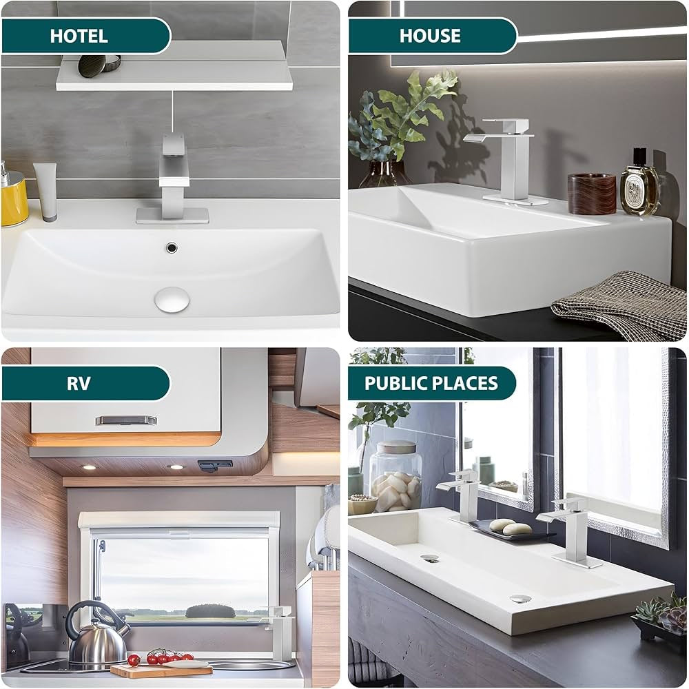 Homikit Brushed Nickel Bathroom Sink Faucet, Waterfall Bathroom Faucet with Pop Up Drain, Single Handle Faucet for Bathroom Sink 1 or 3 Hole, 18/10 Stainless Steel Bath RV Vanity Farmhouse Faucets