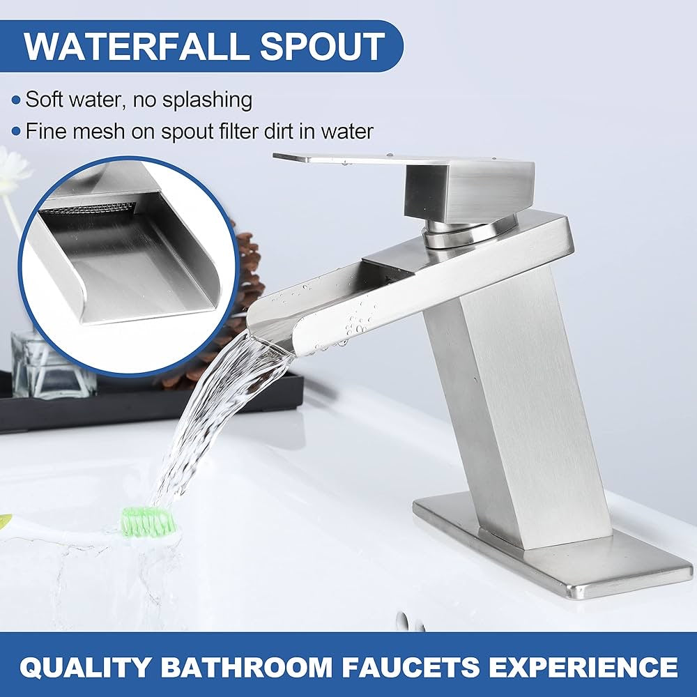 Homikit Brushed Nickel Waterfall Bathroom Faucet, Single Handle Bathroom Faucets for Sink 1 or 3 Holes, Modern Single Hole Vanity Faucet with Pop Up Drain, Deck Plate, 2 Water Supply Hoses