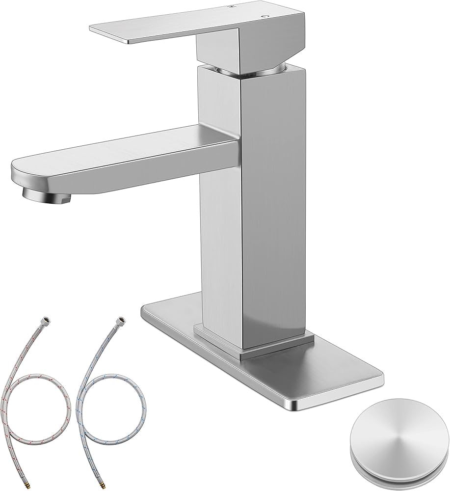 Homikit Brushed Nickel Single Handle Bathroom Faucet with Pop Up Drain, 1 or 3 Holes, Stainless Steel Vanity RV Lavatory Faucet with Deck Plate, 2 Water Supply Hoses
