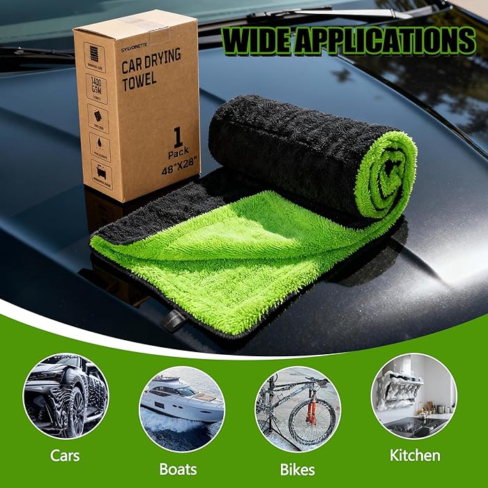 1400GSM Car Drying Towel(48" x 24"),Microfiber Towels for Cars Detailing -Absorbs 9lbs of Water, Ultra-Absorbent, Streak-Free, Scratch-Free, No Water Spots, Double-Twist Pile & Edgeless