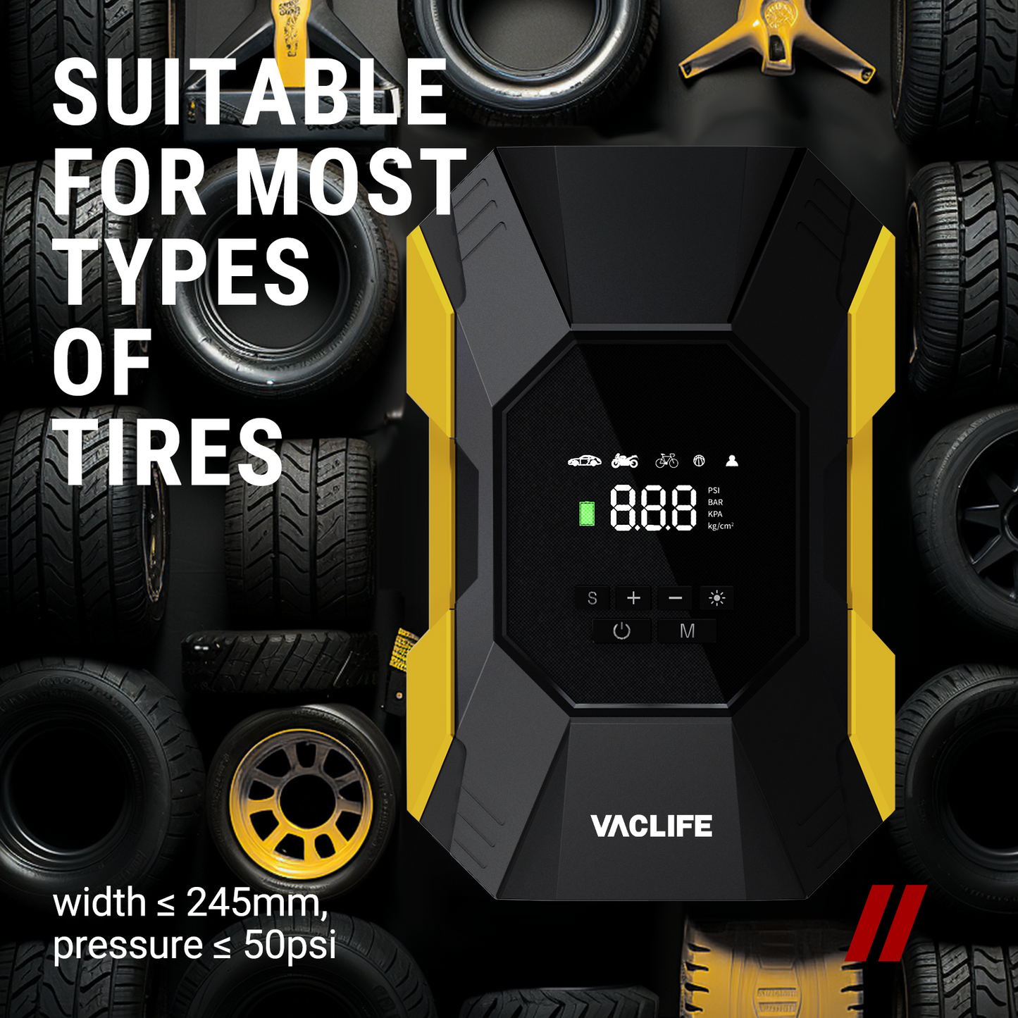 VacLife Tire Inflator Portable Air Compressor - Cordless Rechargeable Air Compressor Portable, Powerful Air Pump for Car Tires & Inflatables, Wireless Bike Pump, Yellow (VL728)