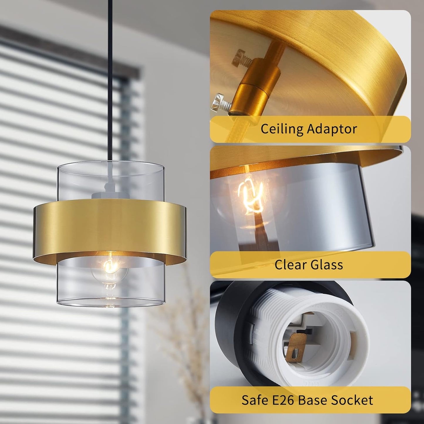 Glass Pendant Light, 7 Inch Pendant Lights Kitchen Island Modern Pendant Light Fixture for Dinning Room and Bedroom Golden Island Pendant Lights for Kitchen