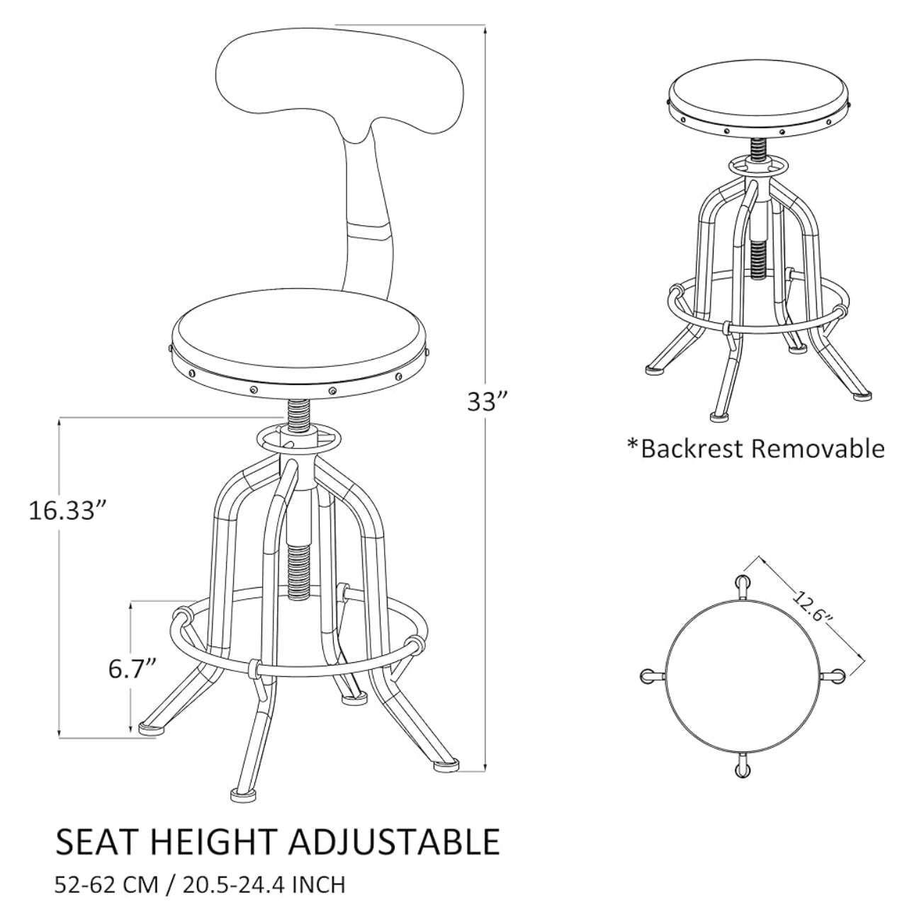 Set of 2, Bar Stools Black Metal Round PU Leather Seat