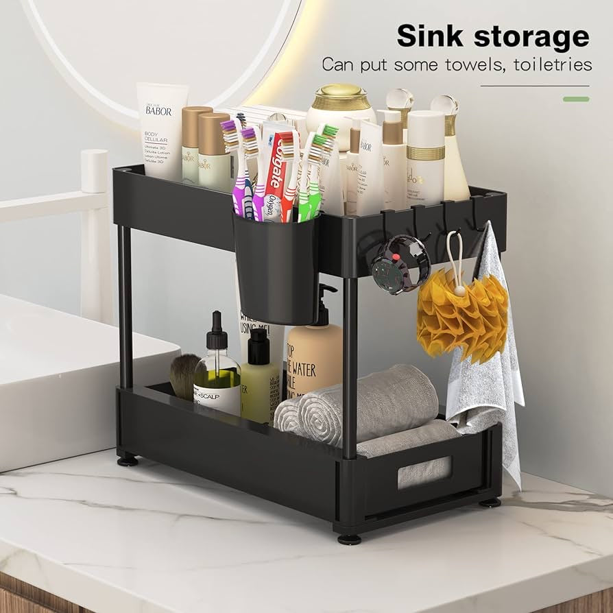 Under Sink Organizers and Storage 2 Pack, ZOMILB Bathroom Organizer 2-Tier Sliding Kitchen Cabinet Organization with Hook, Hanging Cup, Multi-purpose Under Sink Shelf Organizer for Home, Black