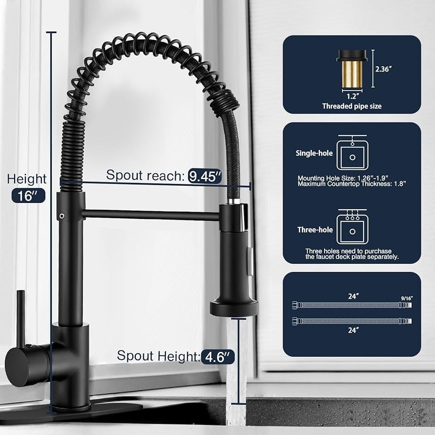 Kitchen Faucets with Pull Down Sprayer, Commercial Industrial Spring Single Handle Stainless Steel & Solid Brass Kitchen Sink Faucets for Farmhouse Camper Kitchen Rv (Matte Black)