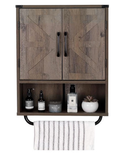 Wood Wall Mounted Storage Cabinet with Two Barn Door, 3-Tier Farmhouse Toilet Bathroom Spacesaver, Multipurpose Kitchen Medicine Cabinet with Adjustable Shelf and Towel Bar