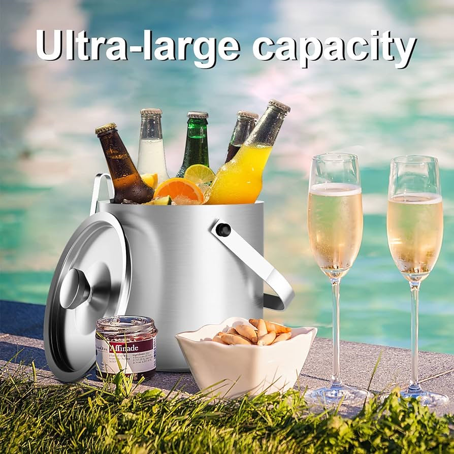 Stainless Steel Ice Bucket For Parties With Lid And Ice Tongs,Insulated Wine Bucket With Strainer Keeps Drinks Cold And Ice Cube From Melting