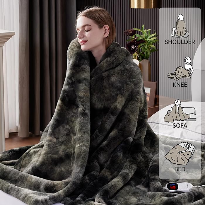 Heated Blanket Electric Throw, Soft Faux Rabbit Fur Electric Blanket with 10 Heating Levels 5 Sitting Timer Auto Off, Dual-Controller Heating Blankets, Machine Washable(84"×90" Light Grey)