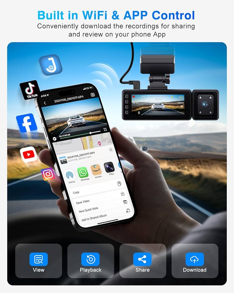 4K Dash Cam Front and Rear, 3 Channel Dash Camera with IMX335 Night Vision, WiFi GPS, Voice Control, 2K+1080P+1080P Dash Camera for Cars (64GB Card Included) Black