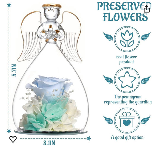 Gifts for Women Birthday Gift for Women Blue Rose Gift Guardian Angel Statues Gifts for Her Artificial Flowers in A Glass Dome Angel Gift Idea for Her Forever Rose Wife Anniversary