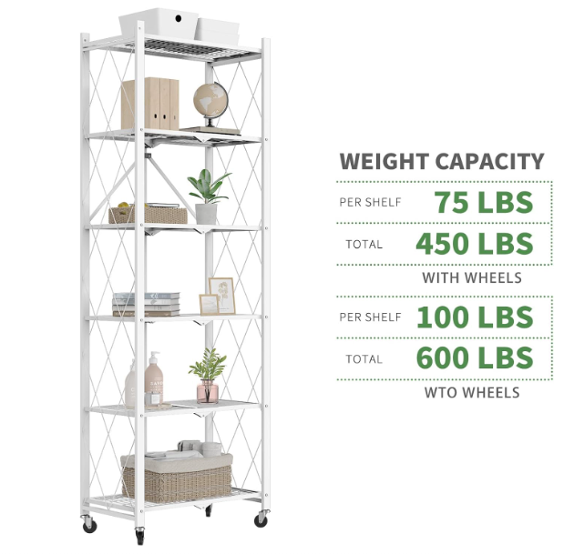 Folding Bookshelf, 6 Tier Metal Bookcase and Bookshelves, Tall Shelves for Living Room Office Bedroom, Heavy Duty Book Shelve Free Standing Open
