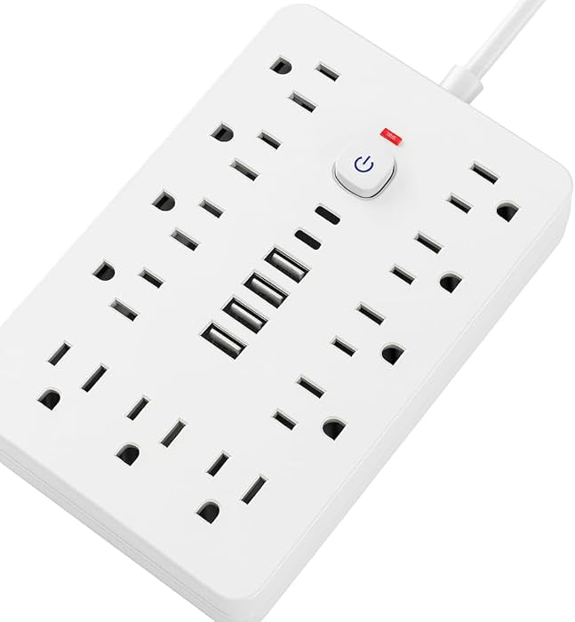 10 FT Flat Plug Surge Protector Power Strip,11 Multiple AC Outlets with 6 USB Ports (2 USB C), 10 Feet Extension Cord, 1250W/10A, One Touch Switch Button, White