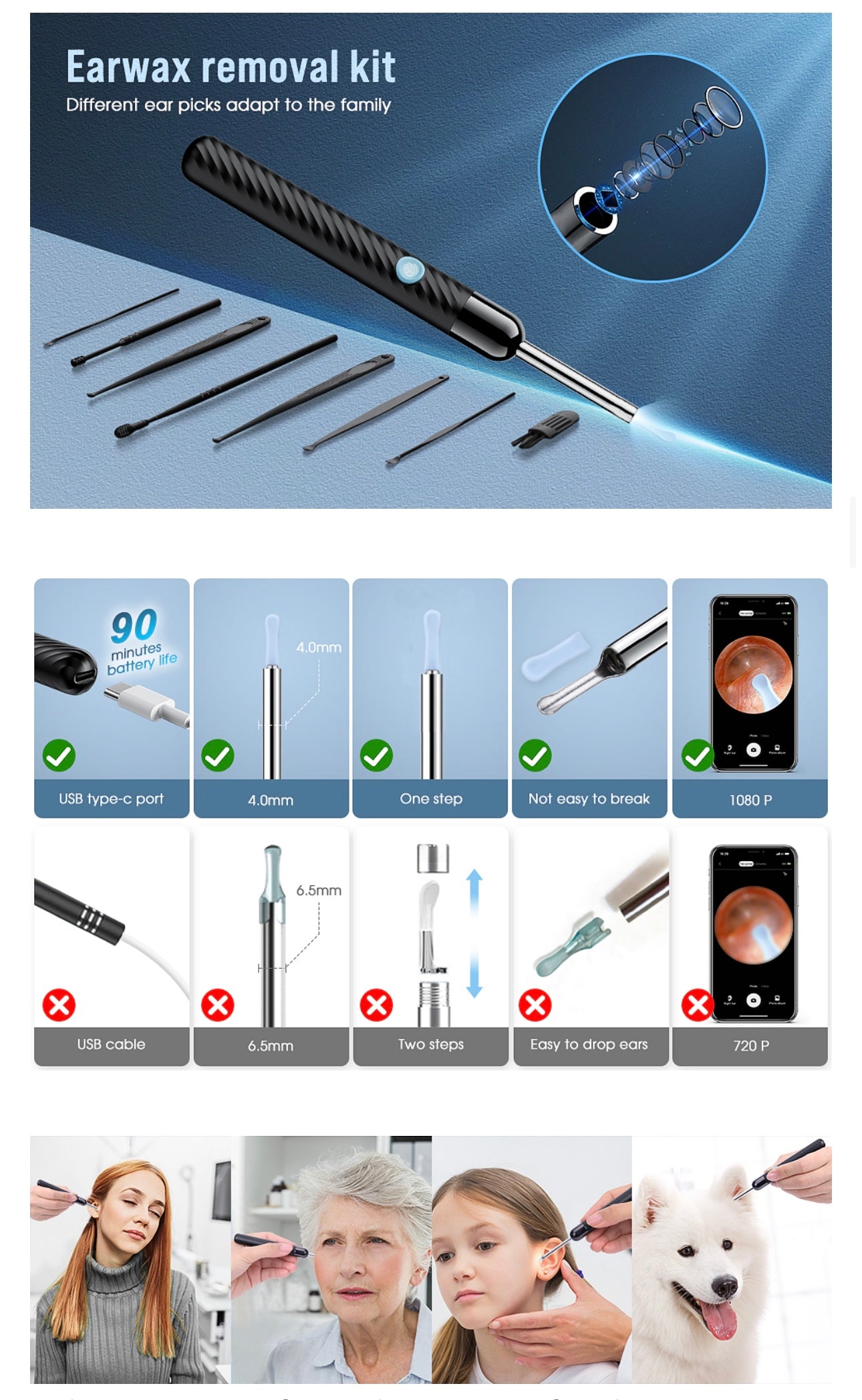 Ear Wax Removal - Earwax Remover Tool with 8 Pcs Ear Set - Ear Cleaner with Camera - Earwax Removal Kit with Light - Ear Camera with 6 Ear Spoon - Ear Cleaner for iOS & Android (Black)