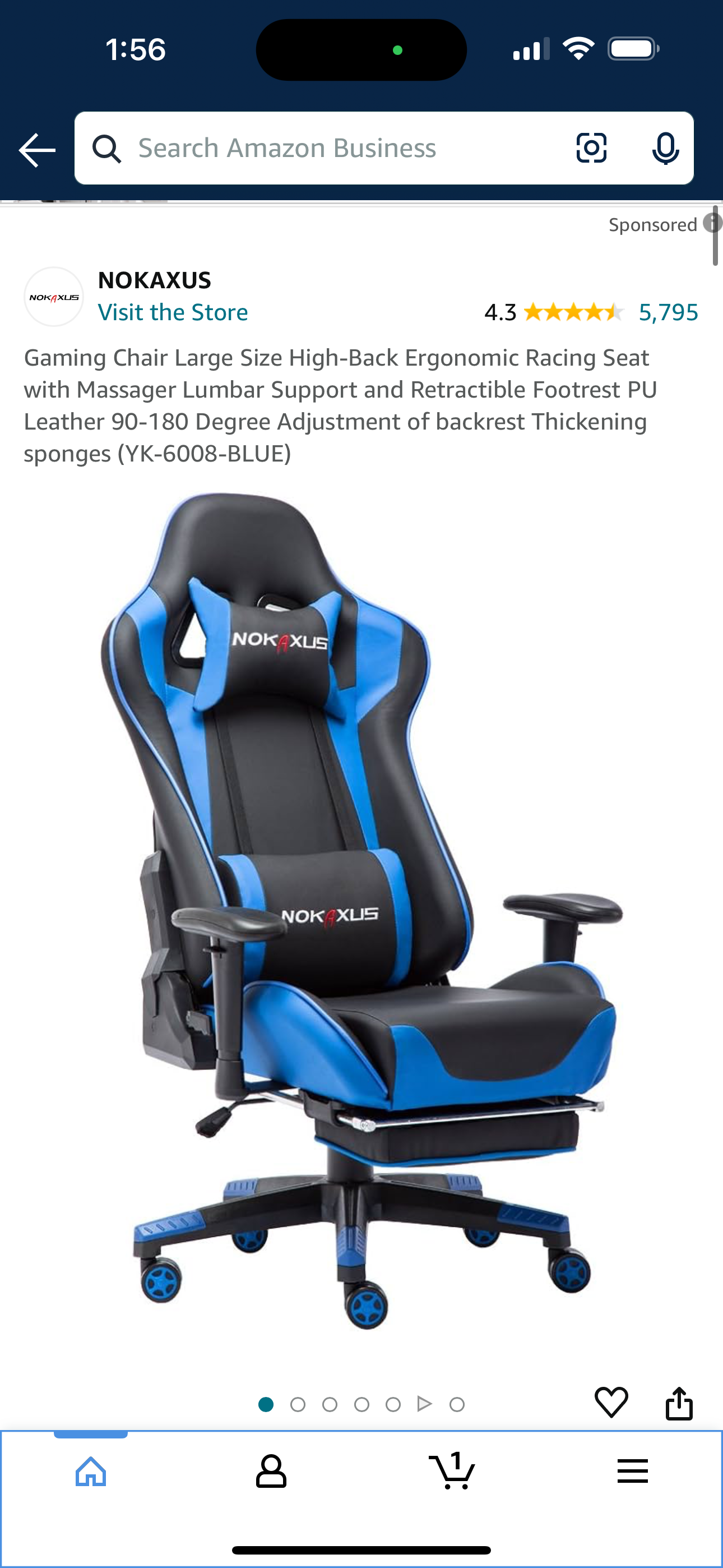 Gaming Chair Large Size High-Back Ergonomic Racing Seat with Massager Lumbar Support and Retractible Footrest PU Leather 90-180 Degree Adjustment of backrest Thickening sponges (YK-6008-BLUE)