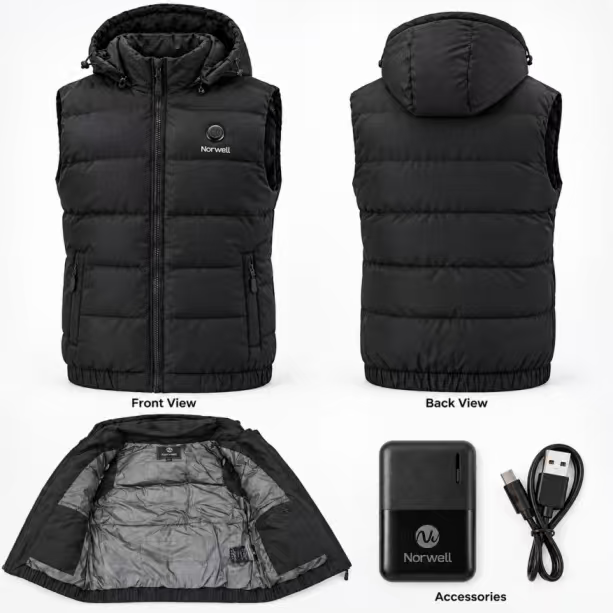 🔥 HEATED VEST — Warmth at the Push of a Button! 🔥Norwell Heated Vest with Hood — Tired of freezing through Chicago winter? This vest heats up fast — just press the button on the chest and enjoy the warmth!✅ 10000mAh Power Bank INCLUDED — many heated