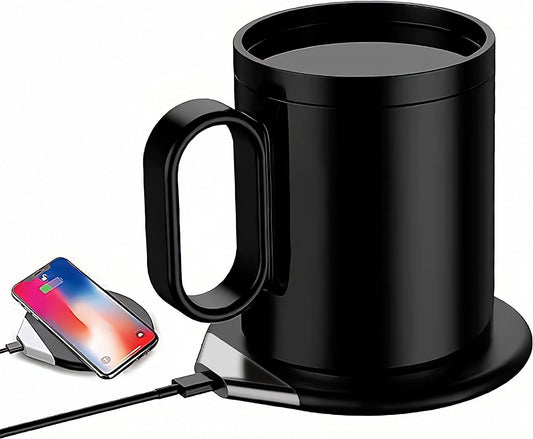 Coffee Mug Warmer,350ml Ceramic Cups,Both Smart Insulation and Mobile Phone Wireless Charging,18 Watt Induction Heater,131℉ Heat Preservation,Suitable for Office,Home and The Third Space.