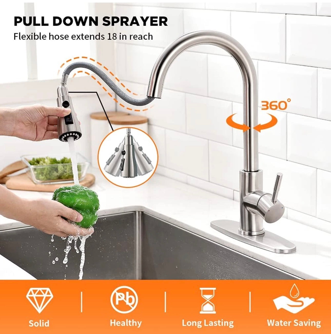 Kitchen Faucets with Pull Down Sprayer, Leak-Proof Stainless Steel Lead-Free Single Handle 1 Hole for Family Kitchen Commercial Camper Laundry Rv Bar, Brushed Nickel Bar Sink Faucet
