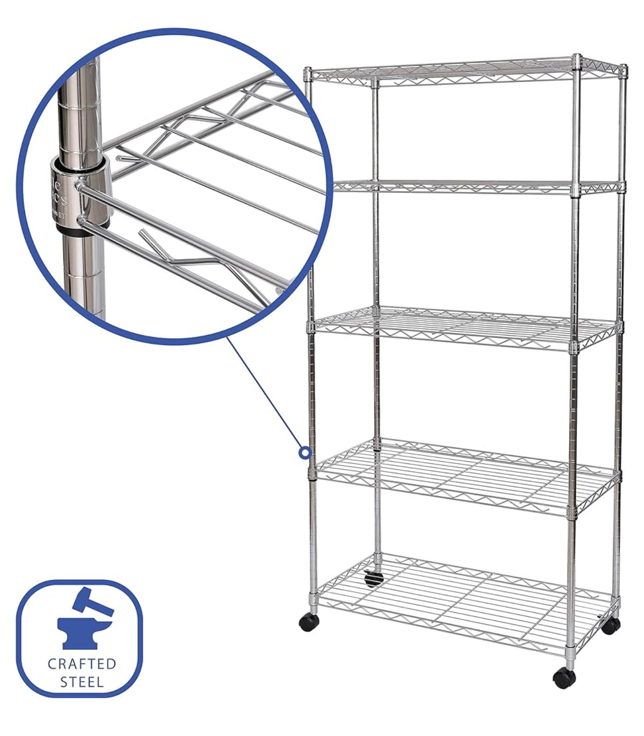 5-Tier Wire Shelving with Wheels, 5-Tier, 30"" W x 14"" D (NEW MODEL), Chrome Plating, Plated Steel