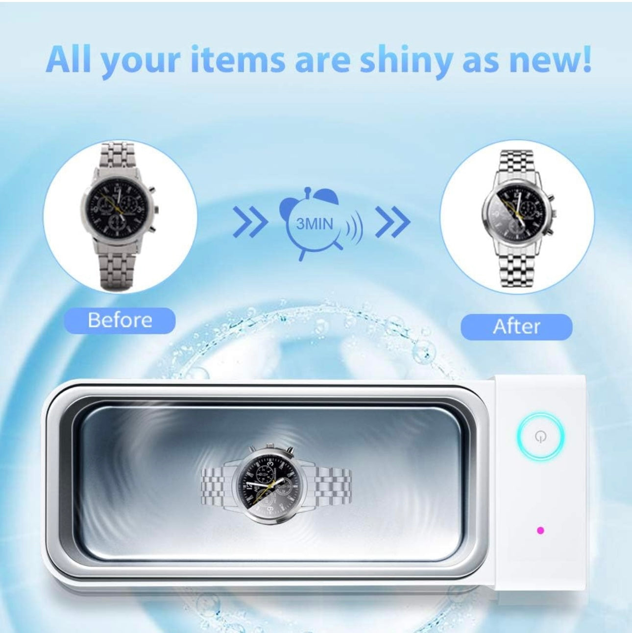 Ultrasonic Jewelry Cleaner- Cleaner Machine Silver Jewelry Silver Rings Cleaning Eyeglasses Watches Necklaces Dental Coins Razors Dentures Tools Parts Instruments Professional (White)