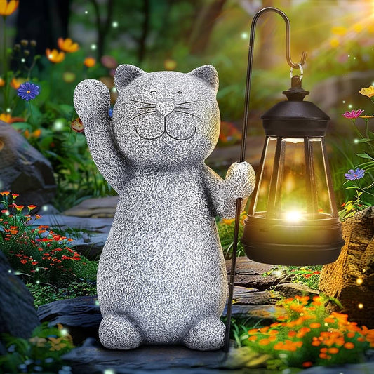 Solar Lights Outdoor Garden Decor Cat Figurine, Birthday Gifts for Women Mom Grandma,Outdoor Decor Garden Art with Solar Lantern, Loving Cat Solar Lights for Yard Patio, Housewarming Gifts