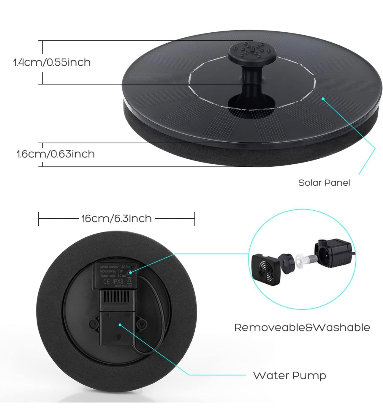 Solar Bird Bath Fountain Pump, Solar Fountain with 6 Nozzle, Free Standing Floating Solar Powered Water Fountain Pump for Bird Bath, Garden, Pond, Pool, Outdoor