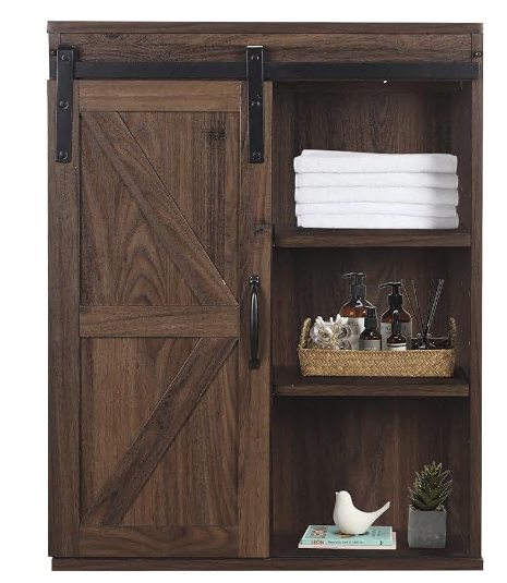 Rustic Wooden Wall Mounted Storage Cabinet with Sliding Barn Door, Decorative Farmhouse Medicine Cabinet for Kitchen Dining, Bathroom, Living Room