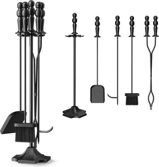 5pcs Fireplace Tool Heavy Duty Set - Stand Alone Fire Place Set - Fireplace Accessories Include Long Fire Poker, Shovel/Scooper, Tongs, Brush, Stand, for Outdoor Indoor Fire Pit