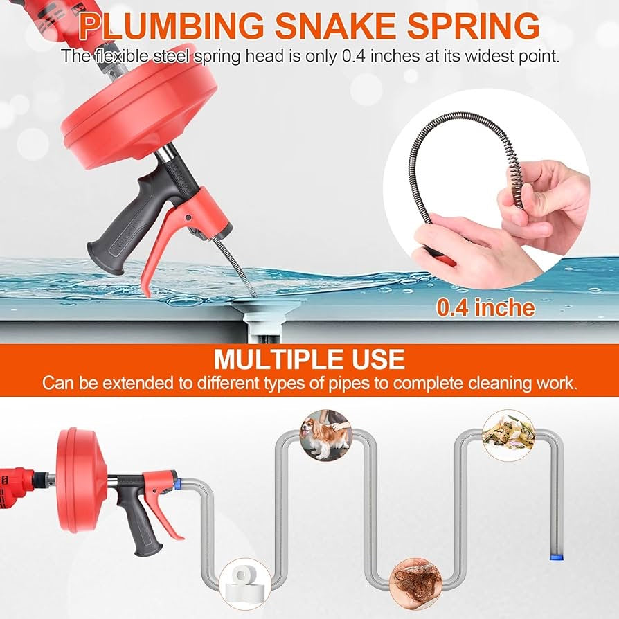 Drain Snake, Arc De TP Sewer Snake Plumbing Drain Auger, Manual or Drill Powered 25 Feet Heavy Duty Flexible Drum Auger Power Unclog Spin Drain Cleaner Tool for Kitchen,Bathrom and Shower Sink, Gutter