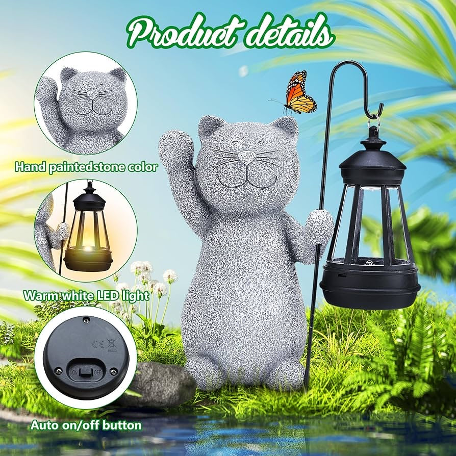 Solar Lights Outdoor Garden Decor Cat Figurine, Birthday Gifts for Women Mom Grandma,Outdoor Decor Garden Art with Solar Lantern, Loving Cat Solar Lights for Yard Patio, Housewarming Gifts