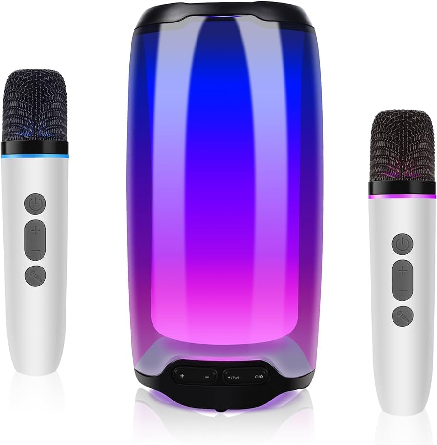 Portable Bluetooth Speakers,Karaoke Machine, Portable Bluetooth Karaoke Speaker with 2 Bluetooth Microphones, TWS Pairing, bass/Treble Adjustment,LEDlights,for Singing/Birthday Parties/Homes